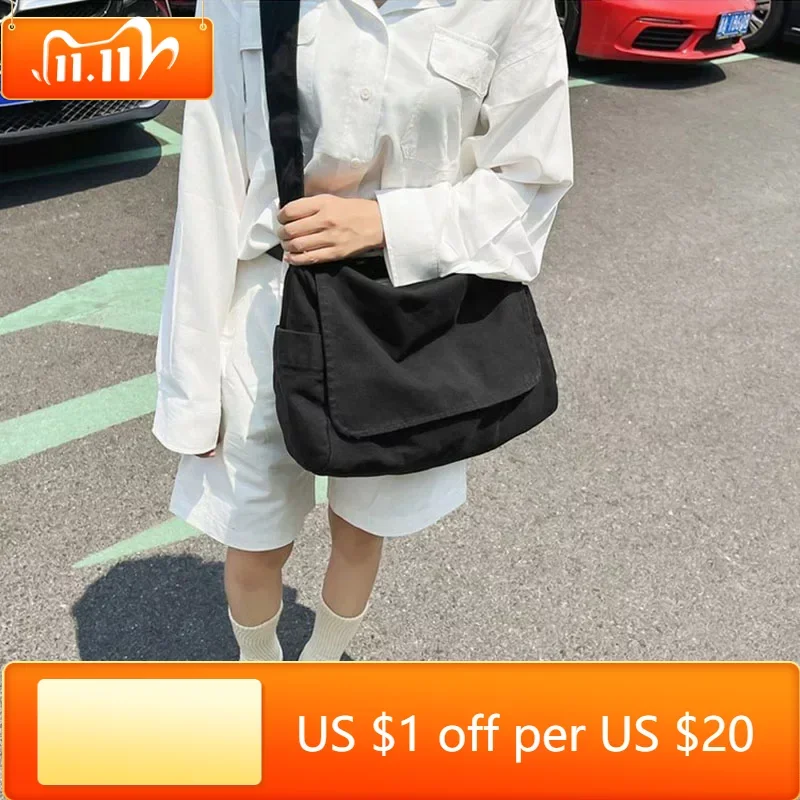 

Female Canvas Fabric Hobo Soft Slouchy Shoulder Bag Y2K Student Leisure Medium Size School Book Laptop Pouch Messenger Side Bag