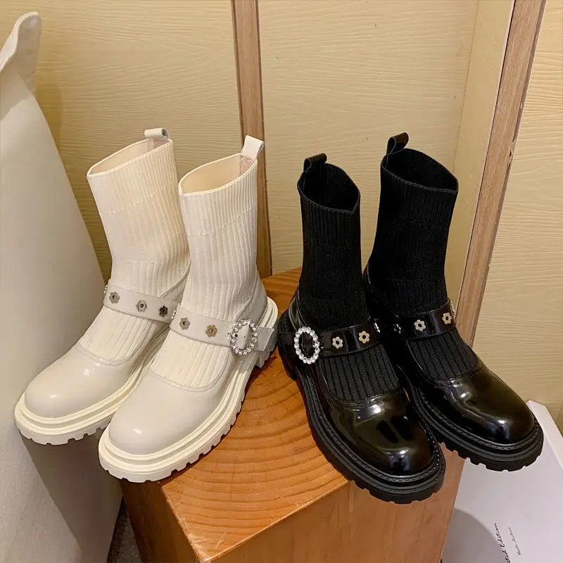 2021 Autumn Knit Elastic Cloth Patchwork Sock Ankle Boots Women Fashion Leather Crystal Buckle Short Boots Female Low Heel Shoes