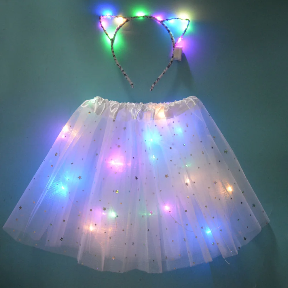 

LED Black White Leopard Light Up Tutu Glow Skirt Cat Fox Ear Headband Birthday Party Gift Headwear Cosplay Costume Christmas