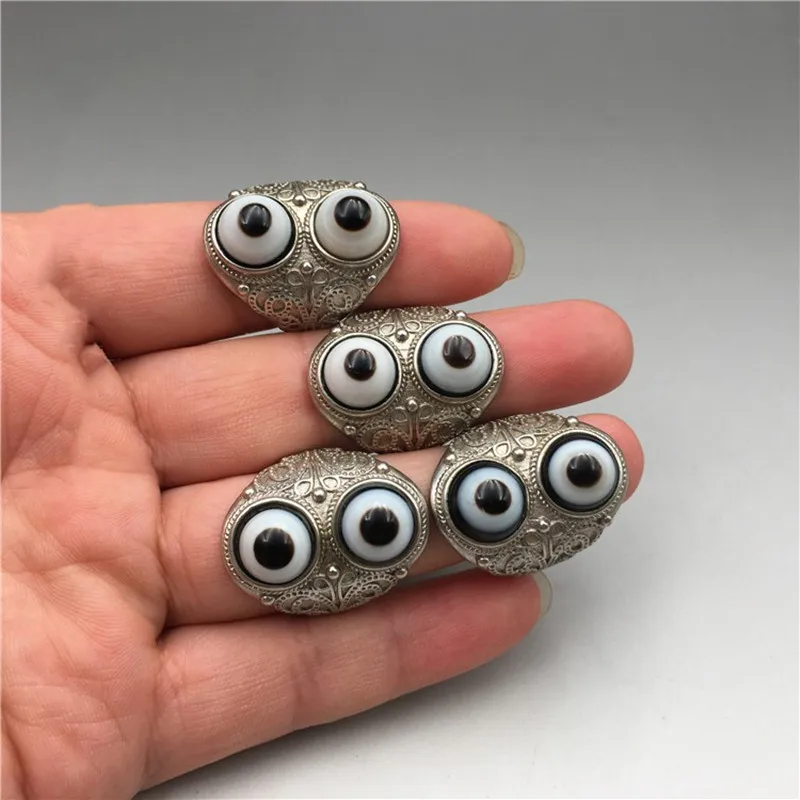 

Retro Dzi Beads Sheep's Eye Plate Bead Ring Tibet Natural Old Mine Agate Tibetan Silver Setting Mosaic Men's and Women's Rings