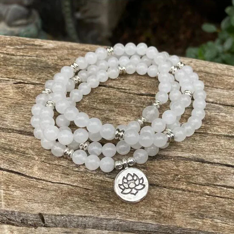 

Mala браслет 6 мм белый j-ade и цветок лотоса брелок ювелирные изделия 108 молитвенные бусины лечебный камень браслет для женщин