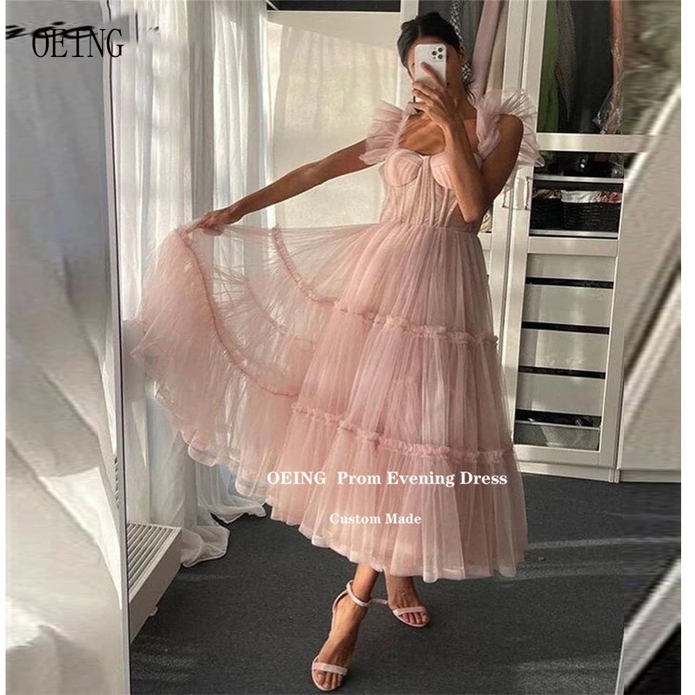 

OEING Princess Pink Tulle Prom Dresses Sweetheart Ruffles Straps Tiered Tea length Homecoming Dress Evening Formal Party Gowns