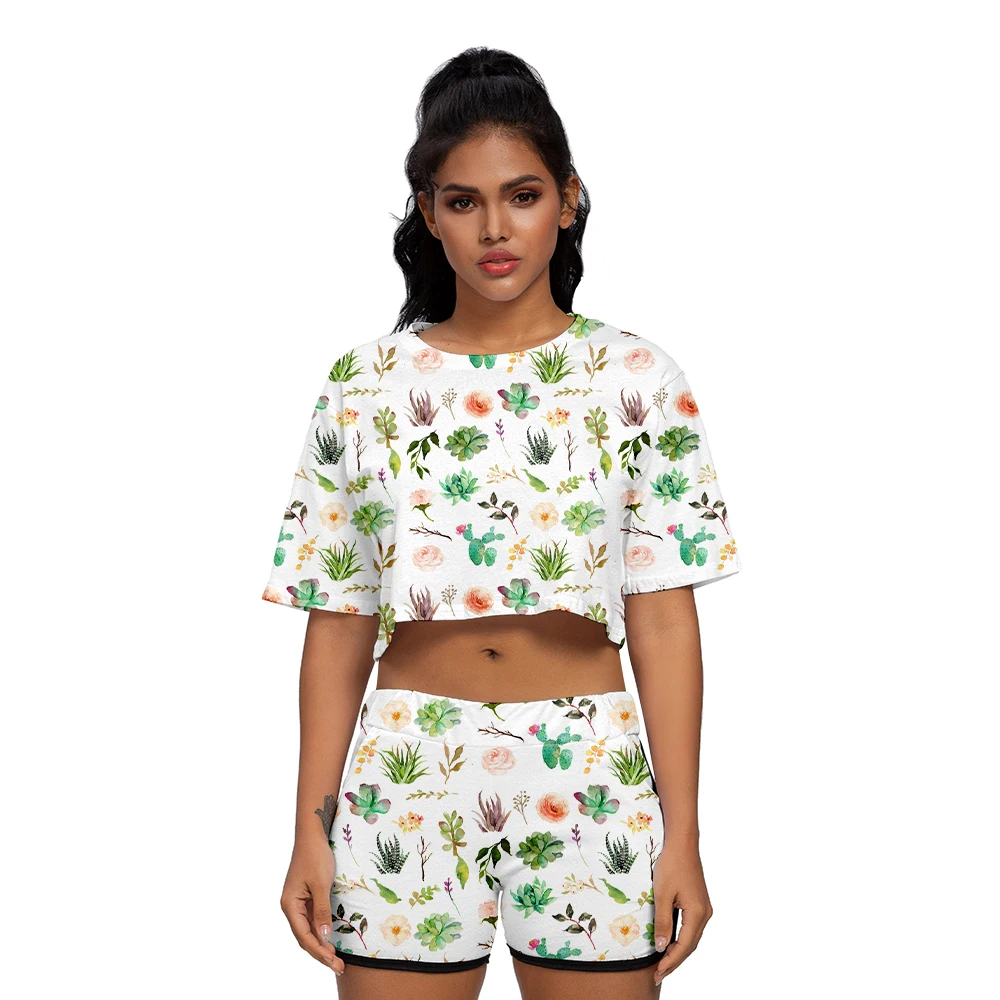 

Succulent Plants Short Sleeve Shorts For Women Casual Yoga Home Running Sports шорты футболка Navel Summer Suit