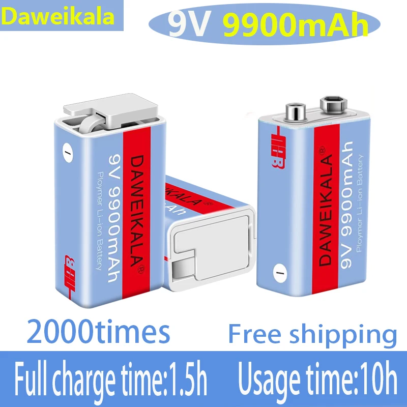

2023 9V 9900mAh lithium ion rechargeable battery USB battery 9V Li-ion battery hidden microphone toy remote control KTV Fan