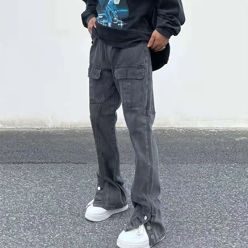 Jeans Trousers Men and Women Vibe Style Ripped Casual Denim Pants Loose Oversize Harajuku Retro Multi-pockets Anke Button Washed