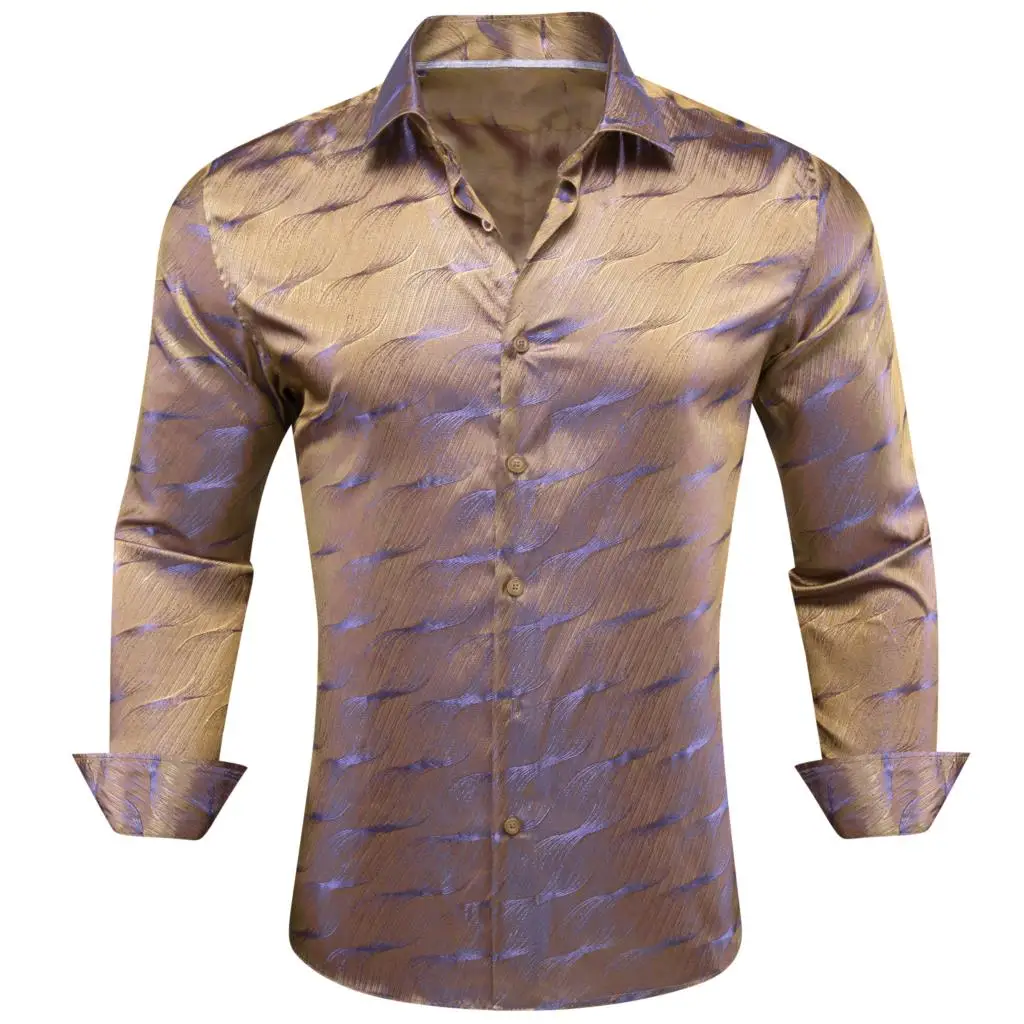 

Designer Shirts for Men Silk Satin Khakin Brown Shine Long Sleeve Slim Fit Male Blouse Casual Foraml Tops Breathable Barry Wang