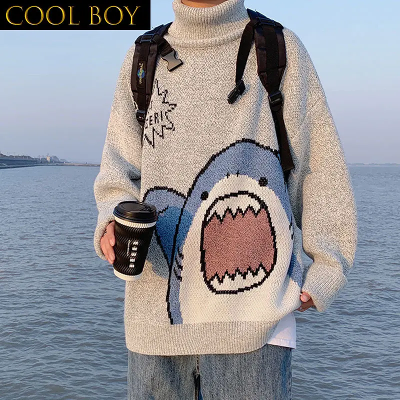 

J GIRLS Men Turtlenecks Shark Sweater Men 2022 Winter Patchwor Harajuku Korean Style High Neck Oversized Grey Turtleneck Men