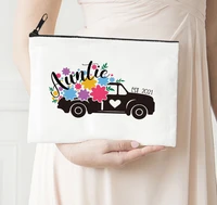 auntie est 2021 print makeup bag flower car printing canvas cosmetic bag organizer bag women multifunction beauty bag