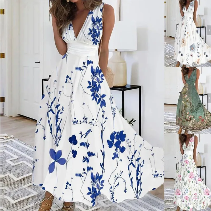 Elegancka damska sukienka imprezowa 2024 Summer Fresh V-neck High Waist Sleeveless Printed Sexy Dress Robe Femme É t é Vertidos Lon