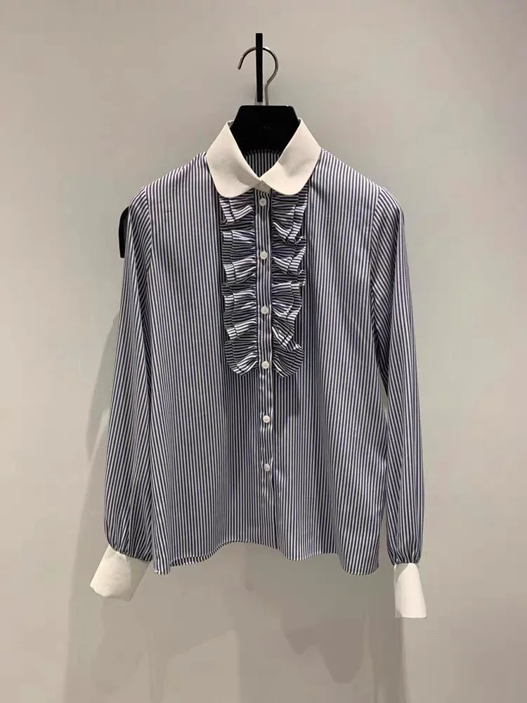 Vintage Autumn 2022 Fashion French Ruffles Womens Tops and Blouse Striped Shirt Long Sleeves Elegant Clothes Camisas Femininas