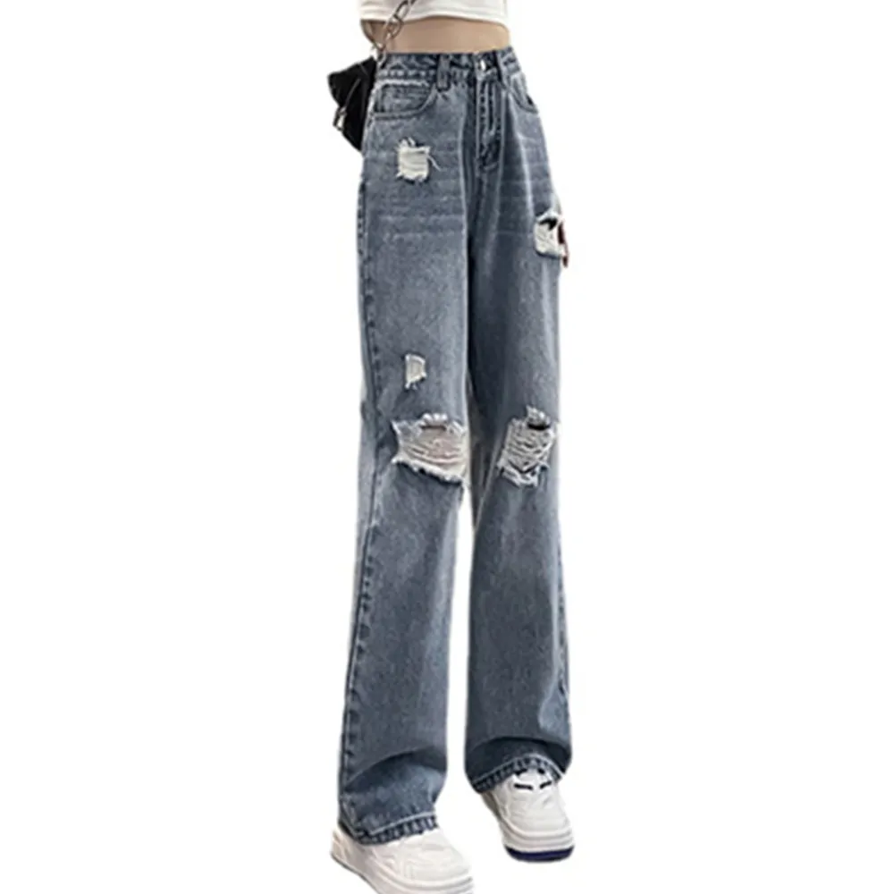 Baggy Ripped Jeans Womens High Waist Straight Wide Leg Casual Pants Streetwear Vintage Korean Fashion Y2K Jeans Pants For Women