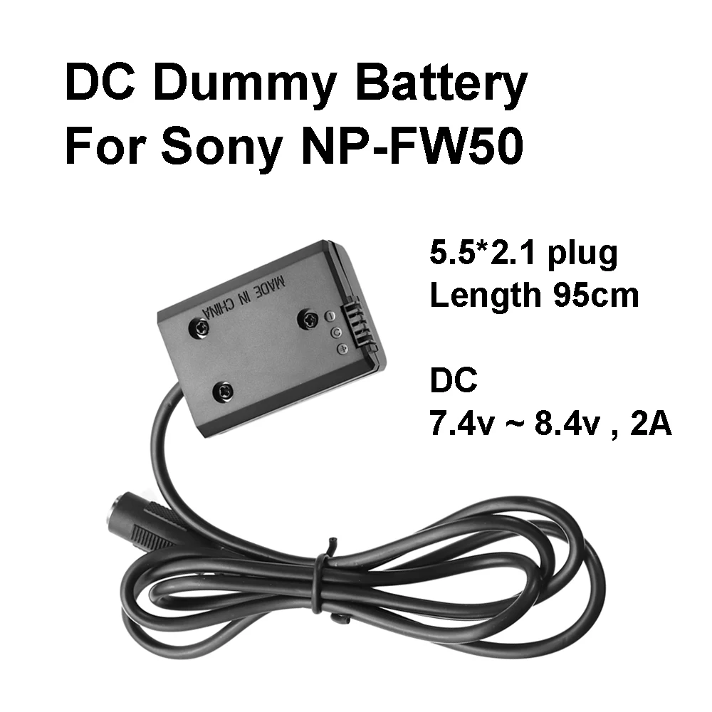 NP-FW50 Dummy Battery DC Coupler 7.4v~8.4v 2A 5.5mm*2.1mm female 95cm AC-PW20 for Sony A7 A7R A7S A5000 A6000 NEX-5 RX10 etc.