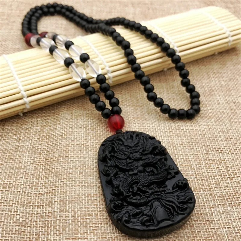 

2023 Natural Black Obsidian Dragon Drop Pendant Amulet Lucky Maitreya Auspicious Necklace Jewelry for Women Men