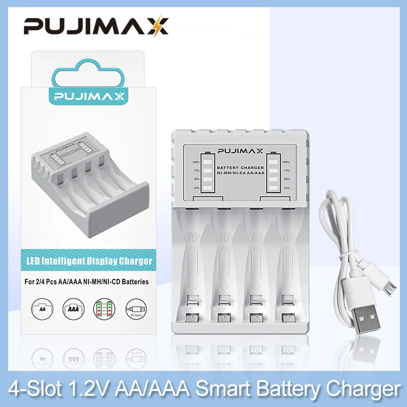 

PUJIMAX 4 Slots AA/AAA Rechargeable Battery Charger LCD Smart Display With Micro Cable For 1.2V Ni-MH Ni-Cd Battery Safe Durable