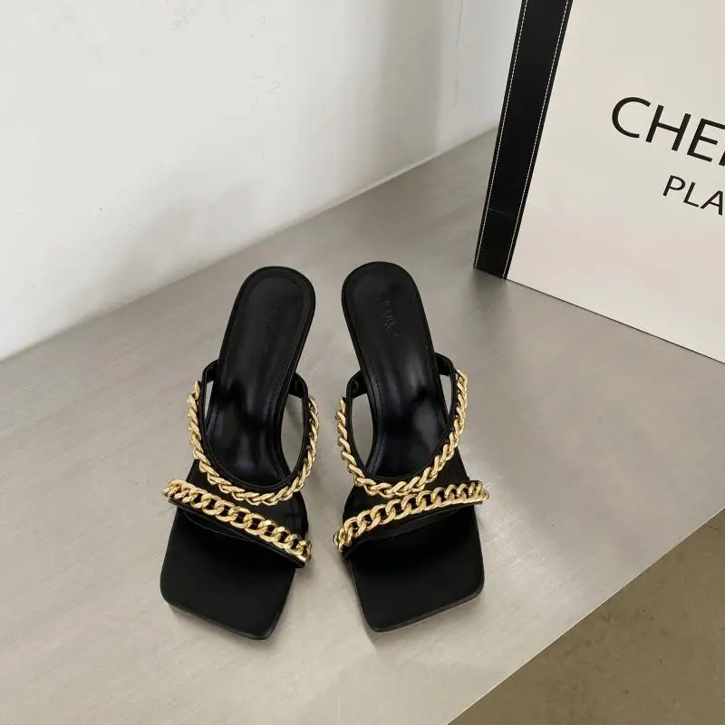 

Summer Metal Large Chain Square Head Stiletto Heels with Open Toe Sandals Women's Shoes