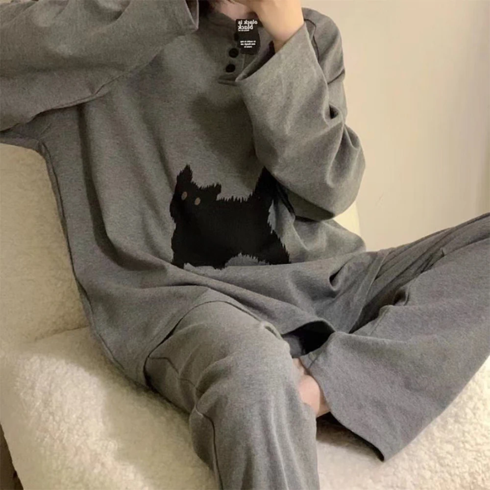 Женский пижамный комплект модная одежда для сна с принтом кота гарнитура