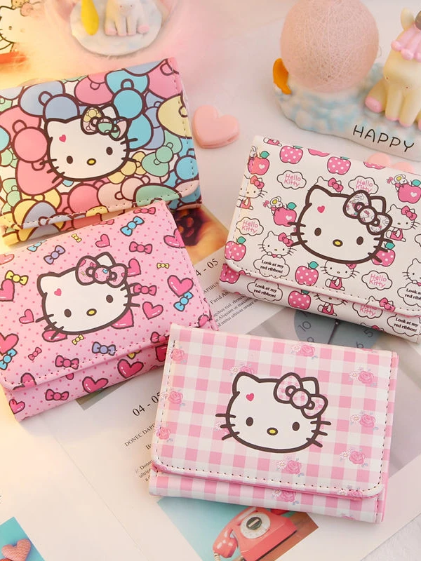 Sanrio Cartoon Wallet Female Cute Fresh Girl Heart Small and Ultra-Thin Folding Versatile Bag Sanrio Hello Kitty Wallet