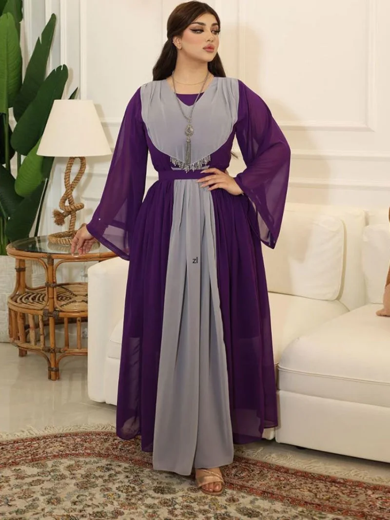 Chiffon Abaya Arabic Long Dress Women Patchwork Beaded Tassel  Lined Muslim Moroccan Kaftan Gulf Jalabiya Turkish Modest Abayas