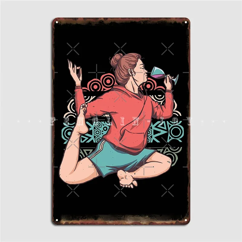 

Yoga Woman With Wine Doing Yoga Posture Asana Metal Sign Designing Mural Club Poster Tin Sign Posters