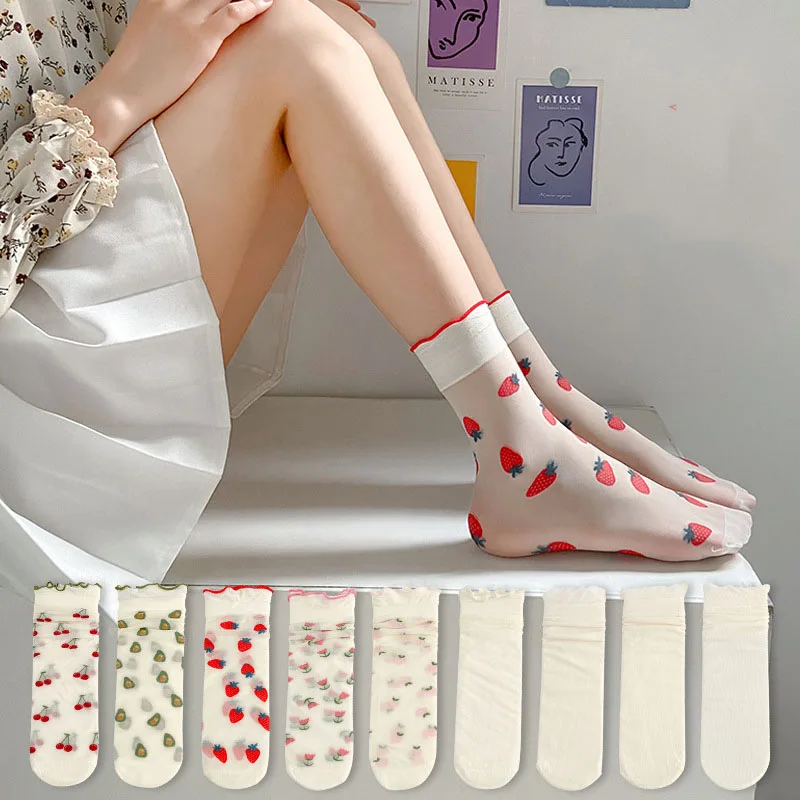 Cute Printed Girl Thin Socks Spring and Summer Ultra-thin Breathable Personality Women's Stockings Strawberry Cherry Lace Socks