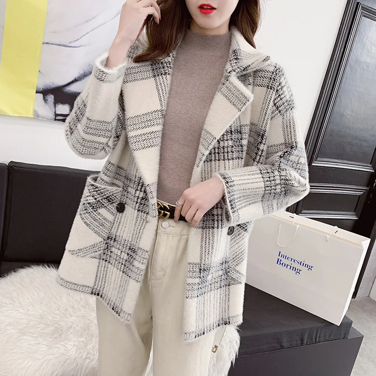 

Autumn/Winter Fashion New Korean Version Mid length Popular Imitation Mink Knitted Coat Plaid Sweater Coat Women's Thickening