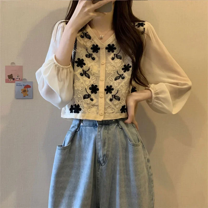 Кружевная рубашка с длинным рукавом и вышивкой 2024 новый дизайн укороченный