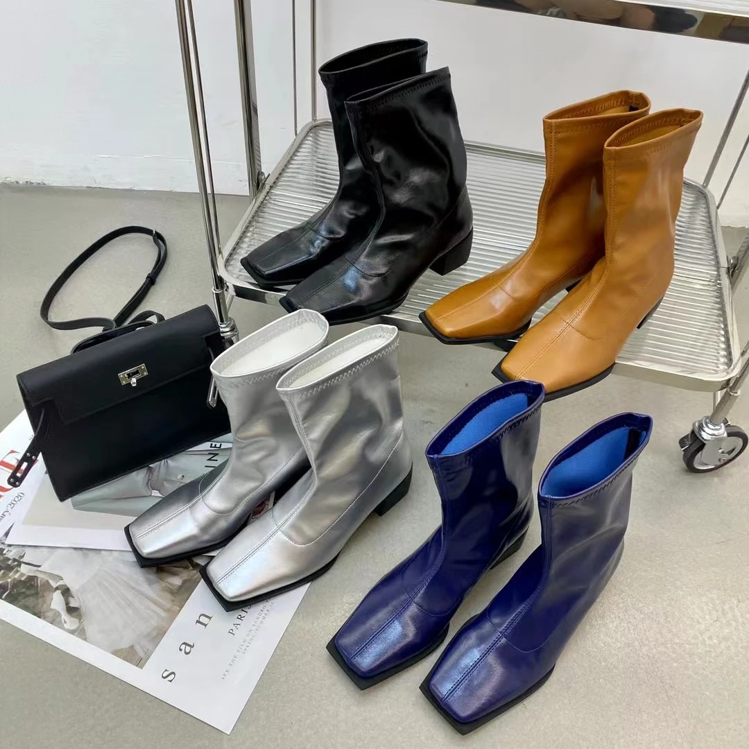 

Square Toe Women Ankle Boots Square Toe Sock Booties Black Brown Silver Blue Slip On Thick Mid Heels Autumn Winter Boots Woman