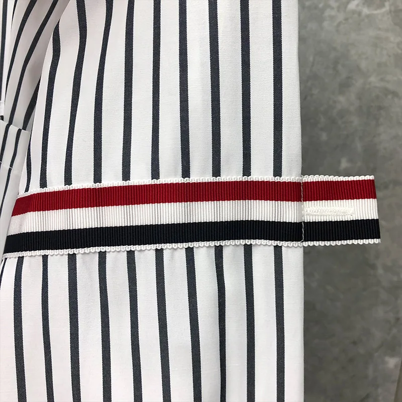 TB THOM Men's Shirt Clothing Summer Top Fashion Brand Striped Armband Slim Casual  Poplin Fine Cotton Long Sleeve Women's Shirts