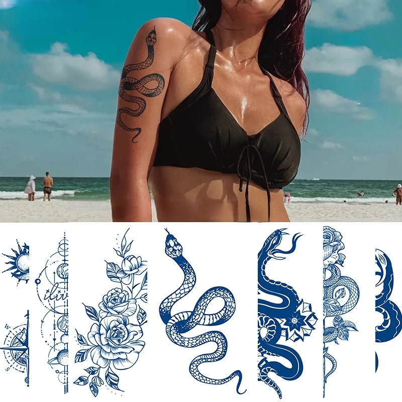 

Snakes Flower Temporary Tattoos Sticker Waterproof Cool Dark Style Unisex Water Transfer Fake Tattoos Women Body Art Decorations