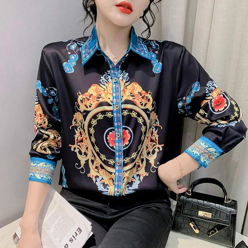 

Роскошная блузка в европейском стиле, Женская Элегантная атласная рубашка с длинным рукавом и винтажным принтом, повседневные топы