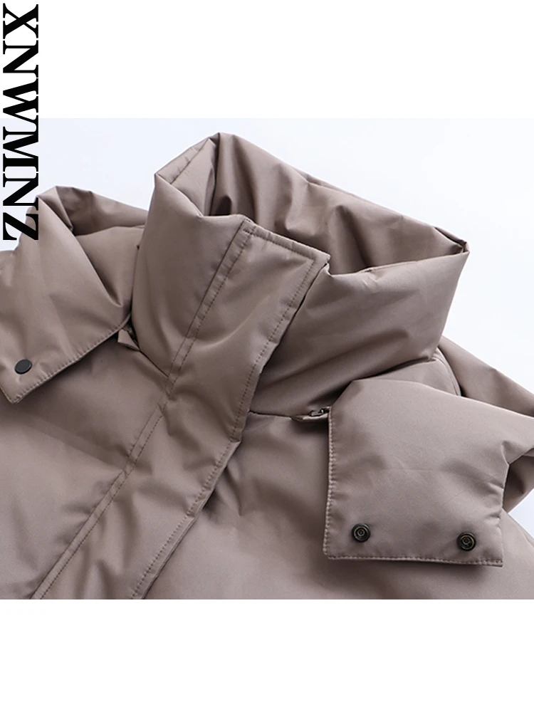 XNWMNZ 2023 Women Fashion Thicke Thermal Waterproof Quilted Padded Jacket Detachable Hat Zipper Drawstring Hem Female Outerwear
