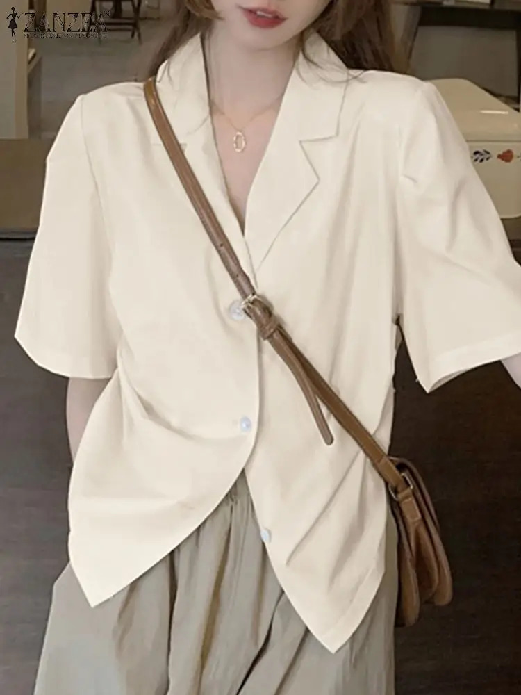 

ZANZEA Suit Collar Ruched Hem Shirts Fashion Casual Drawstring Short Sleeve Chemise Femme Women Solid Korean Button Up Blouses