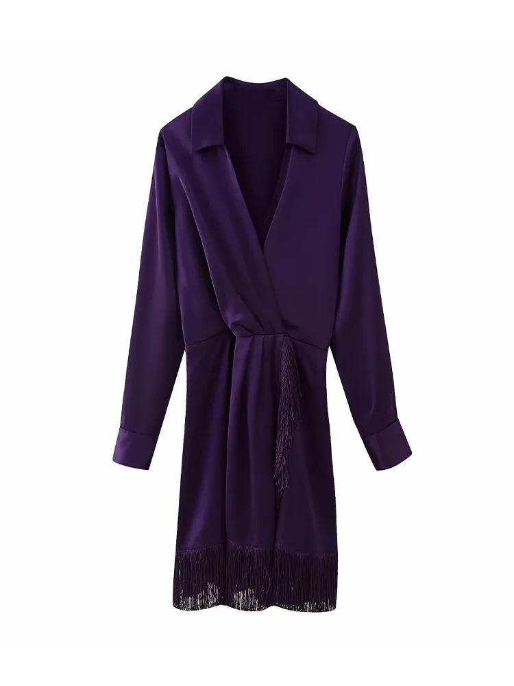 

Женское атласное платье с бахромой и длинным рукавом, осень 2023