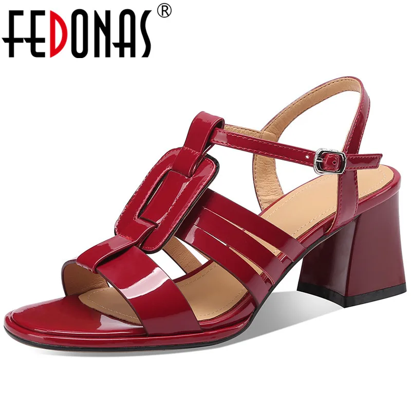 

FEDONAS Women Patent Leather Gladiator Sandals Fashion Rome Style Weave Thick Heels Shoes Woman Summer Party Office Ladies Pumps