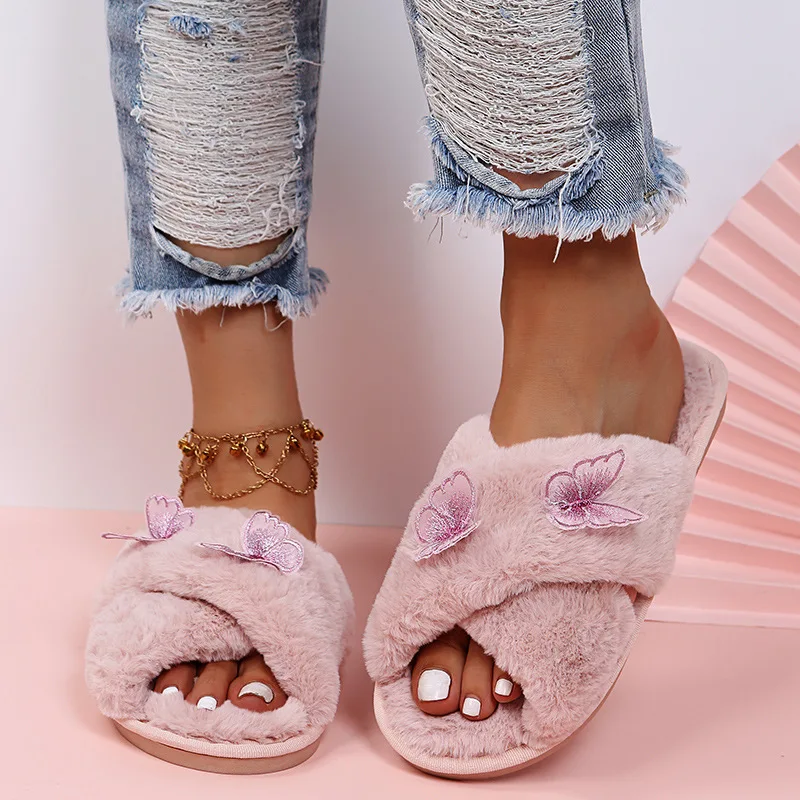 Women's Winter Shoes Faux Fur Girls Flat with Cute Fluffy Butterfly Slippers for Home