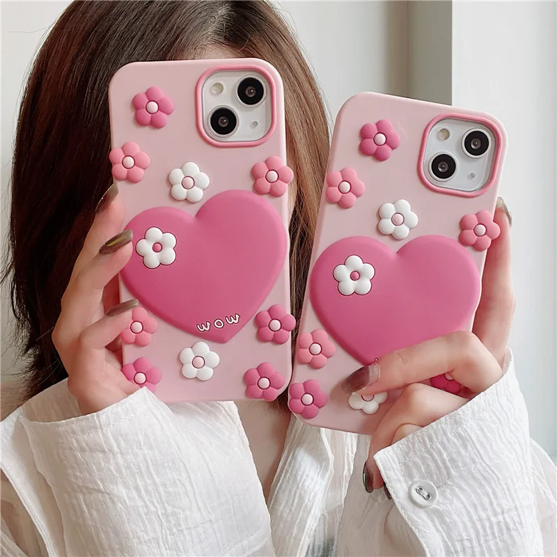

Cute Love heart Pink Floral Phone Case For iphone 14 Plus 13 12 11 Pro Max flowers Shockproof Soft silicone Cover kids girl gift