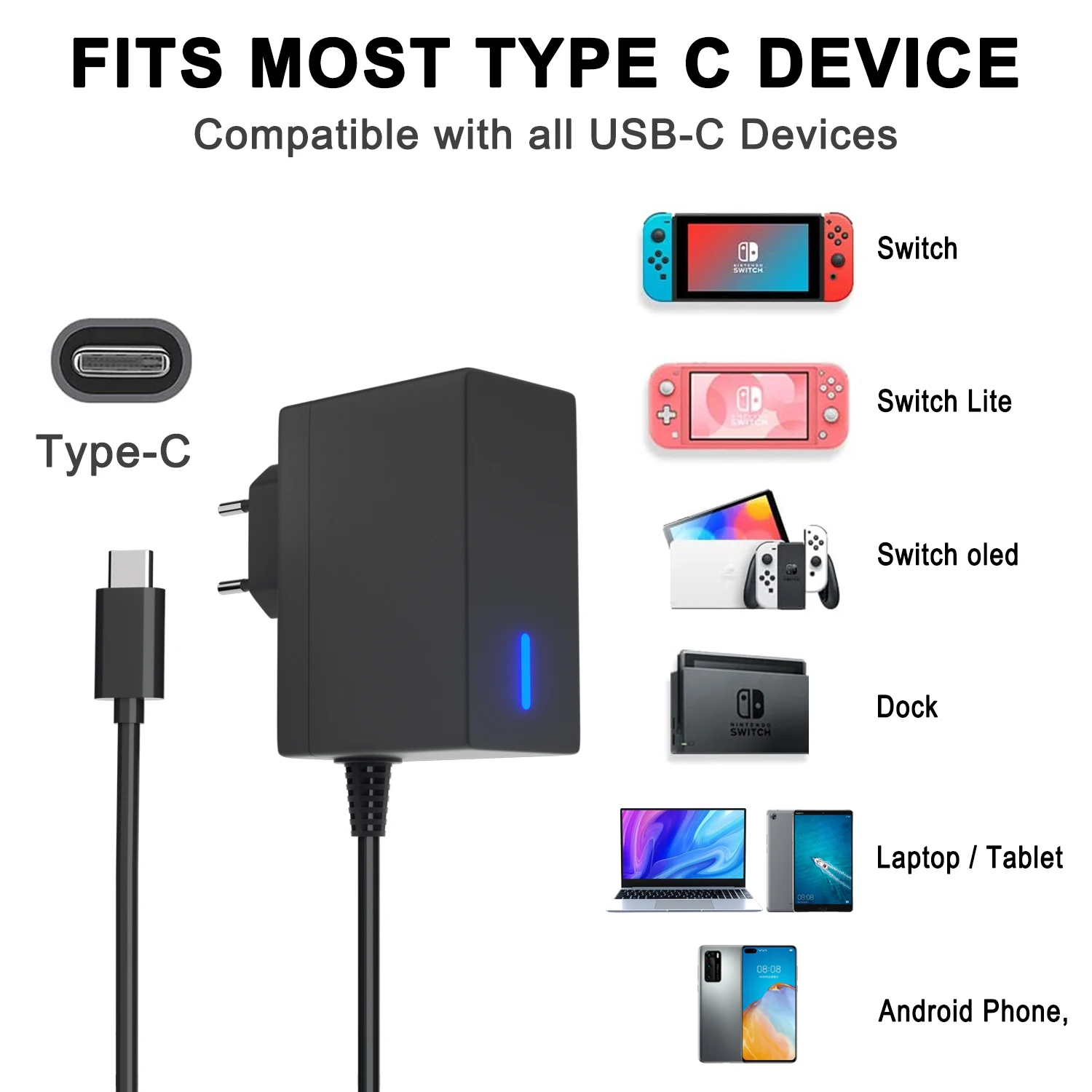 

AC Adapter Charger for Nintendo Switch/Switch Dock/Pro Controller, Fast Travel Wall Charger with 5FT Type C Cable Power Supply