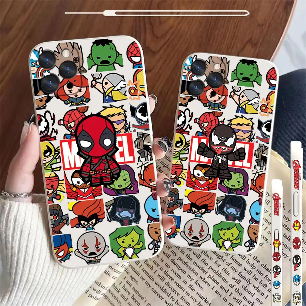 

Marvel Cartoon Heros Venom Deadpool Phone Case For Apple iPhone 14 13 12 11 Pro Max Mini X XS XR SE 7 8 Plus Liquid Rope Cover