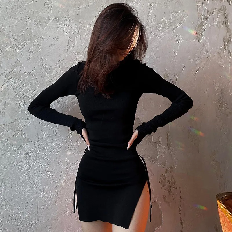 

Black Dress Long Sleeve Mini Dress Women Side Slit Drawstring Female Dress Autumn Winter Clothes Streetwear Bodycon Y2K Dress