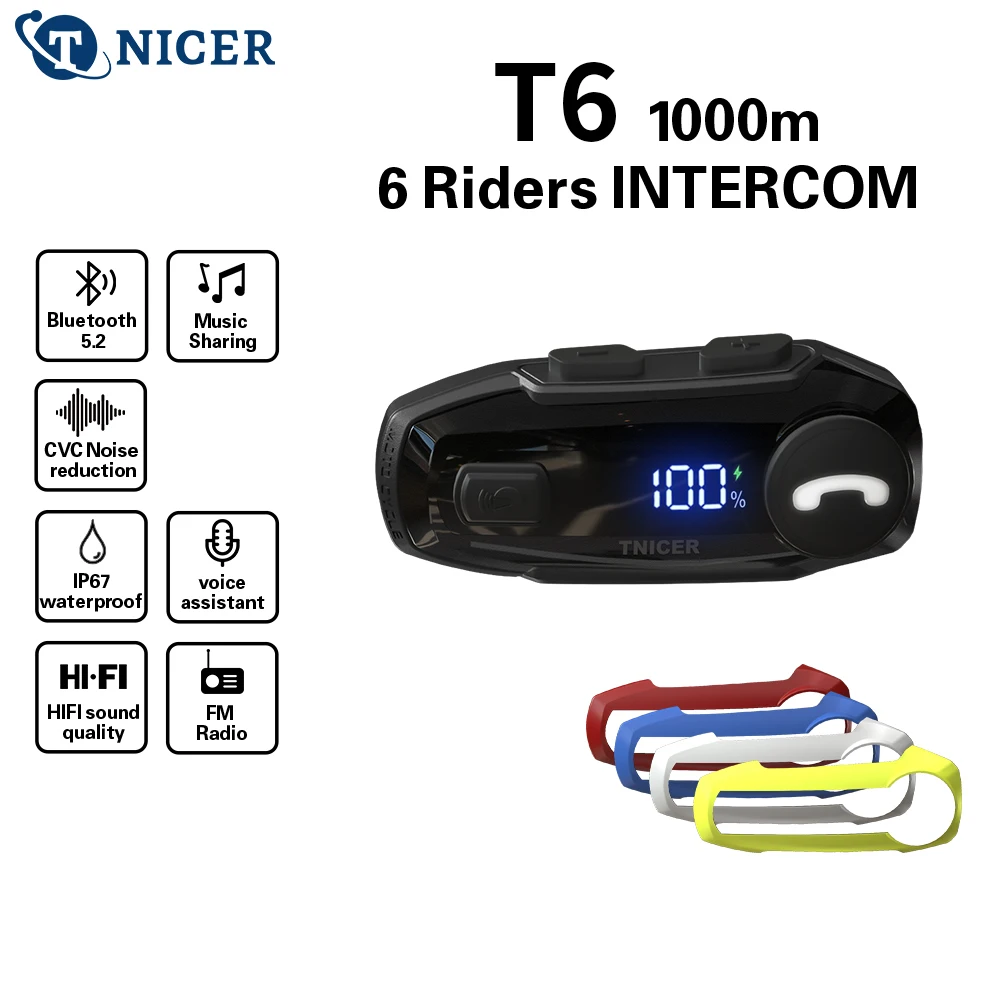 

TNICER T6 Bluetooth-гарнитура для мотоциклетного шлема BT5.2 Беспроводные наушники для верховой езды с защитой от помех Мотоцикл Громкая связь для катания на лыжах Earp