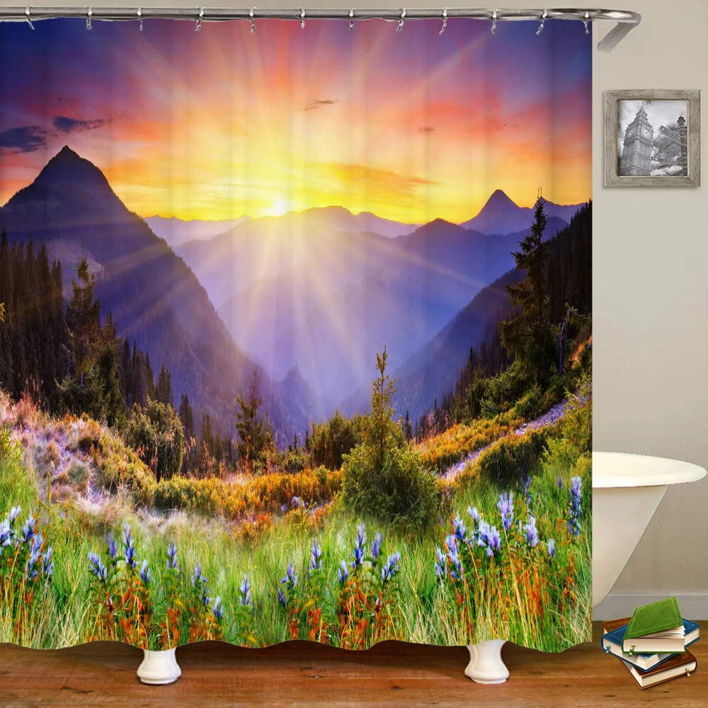 

Flowers Valley Mountain Landscape Shower Curtain Multicolor Colored Clouds Purple Flower Sunset Nature Scenery Bathroom Curtains