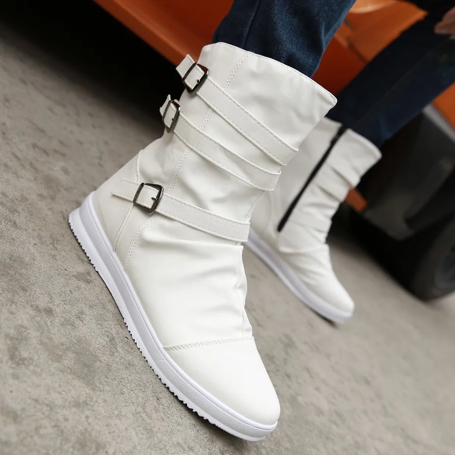 

Men High Boots Autumn and Winter British Leather Shoes Flat White Casual Sports Top