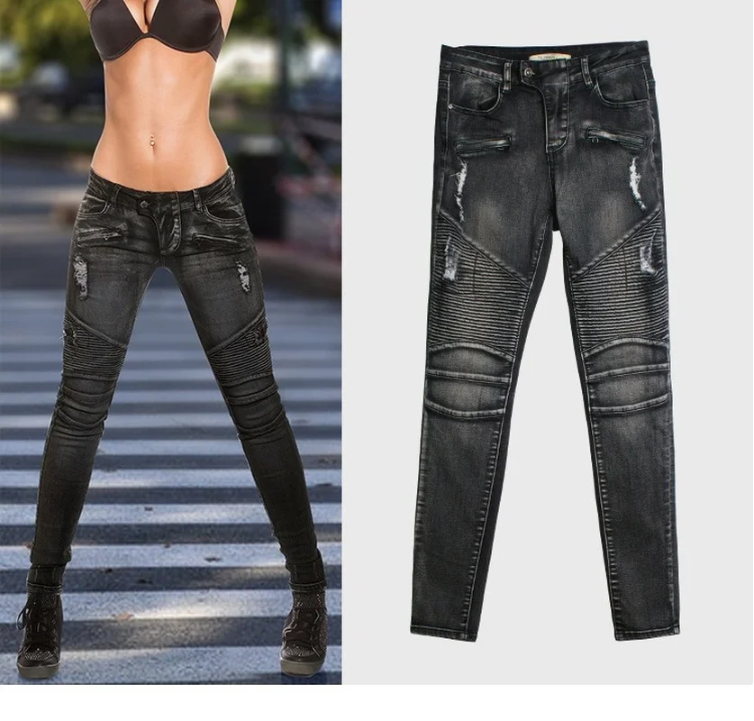 Black Women Hole Slim Elasticity Pencil Jeans Locomotive Style Cool Fashion Mid-Waist Bleached Ripped Denim Pants Punk Trousers