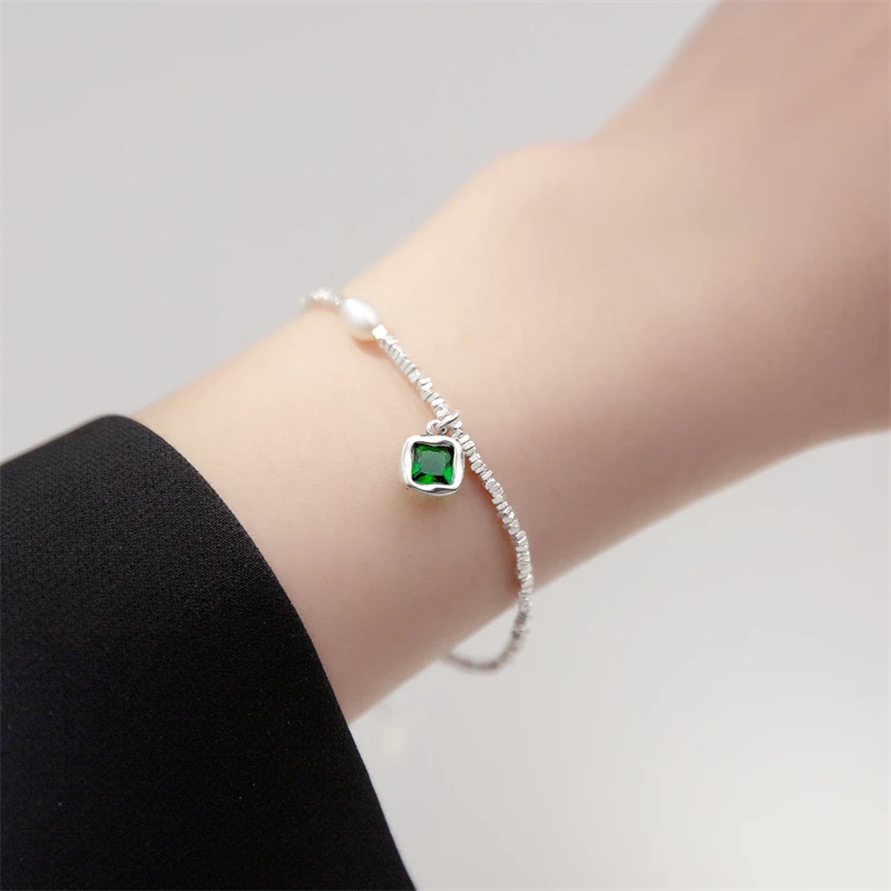 

WEDHOC 925 Sterling Silver Green Square Zircon Fresh Art Student Gift Resizable Bracelet For Women Luxury Jewelry Party Gift
