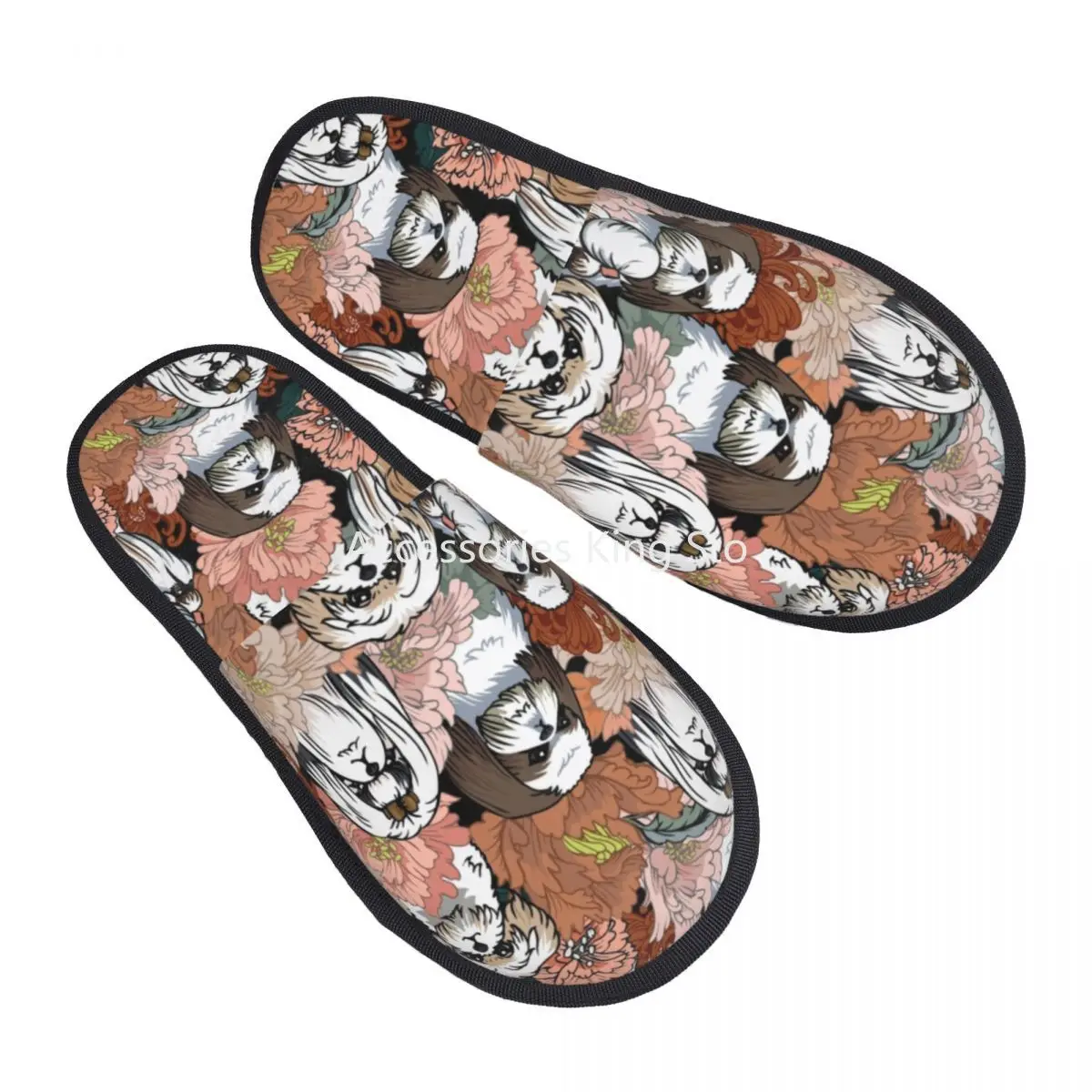 

Shih Tzu Dog Flowers Pattern Cozy Scuff Memory Foam Slippers Women Pet Animal Hotel House Shoes
