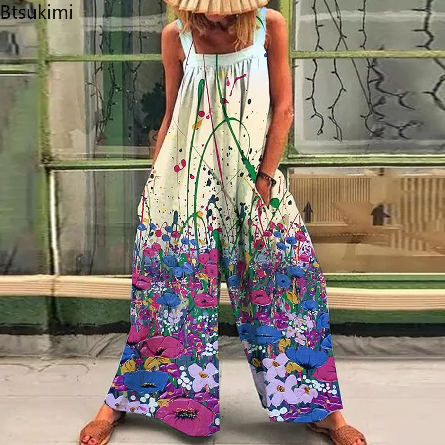 Women Summer Straps Overalls Fashion Ladies Casual Sleeveless Big Pocket Playsuits Vintage Print Beach Wide Leg Jumpsuits Female