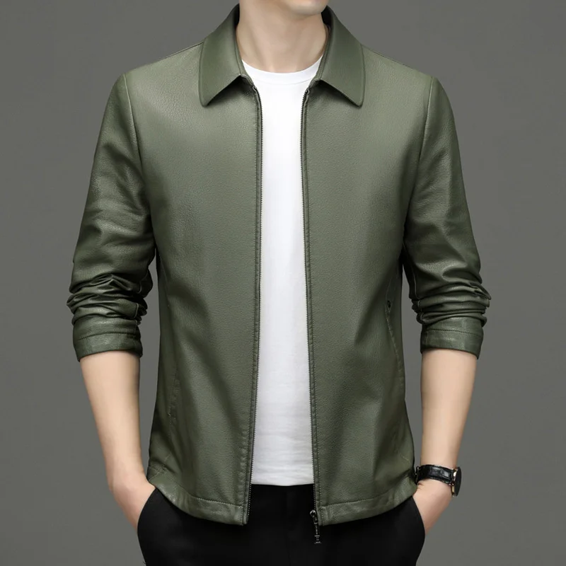 

leather coat, men's Sheepskin leather, Haining fashion jacket, short lapel, slim fit, middle-aged young people's autumn and