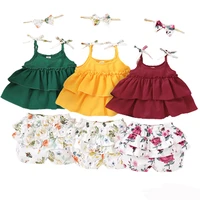 2022 summer new toddler girl suit baby girl cotton casual solid vest 3 pieces set of suspenders floral shorts cute headband