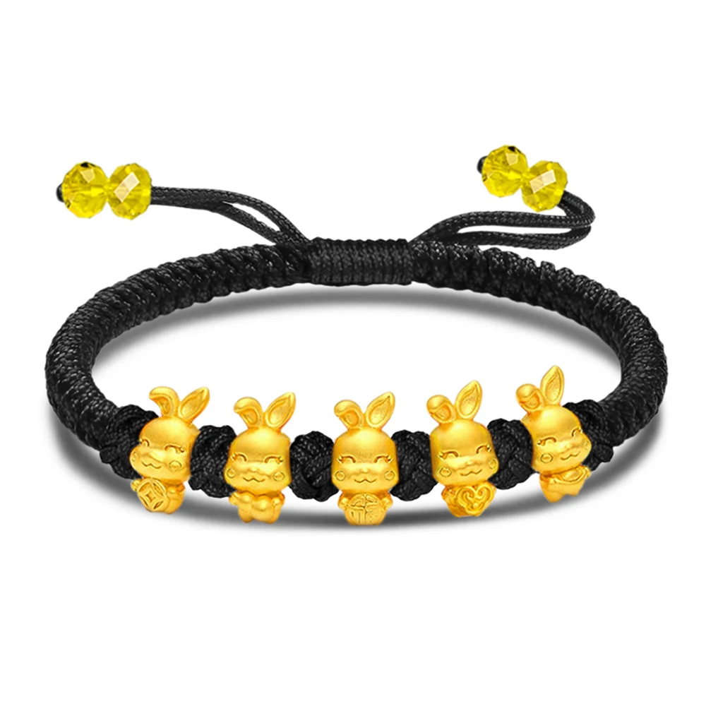 

Real 24K Yellow Gold Bracelet 3D Lovely Five Rabbit Bead Black Cord Knitted Bracelet