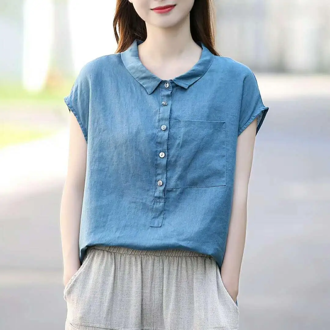 

Solid Cotton Linen Blouse Literary Retro Loose Shirt Women's Summer New Short-sleeve Doll Collar Fashion Blouses Pink White